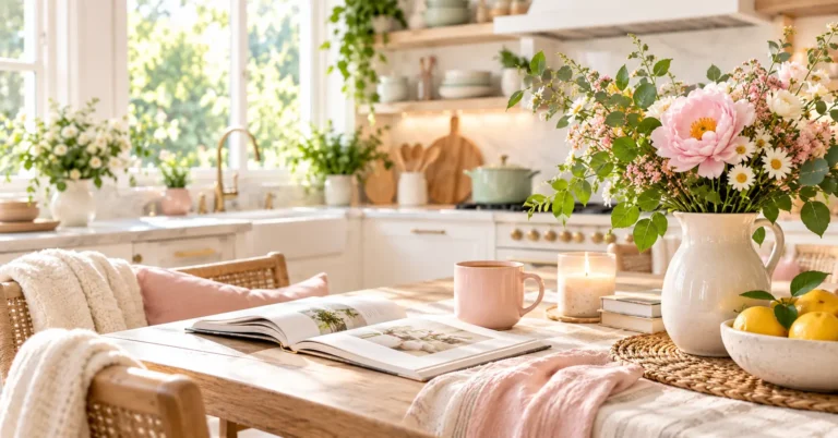 Bright cozy kitchen with soft blush accents, flowers, an open book, candle, and natural textures, styled for an intentional living blog.