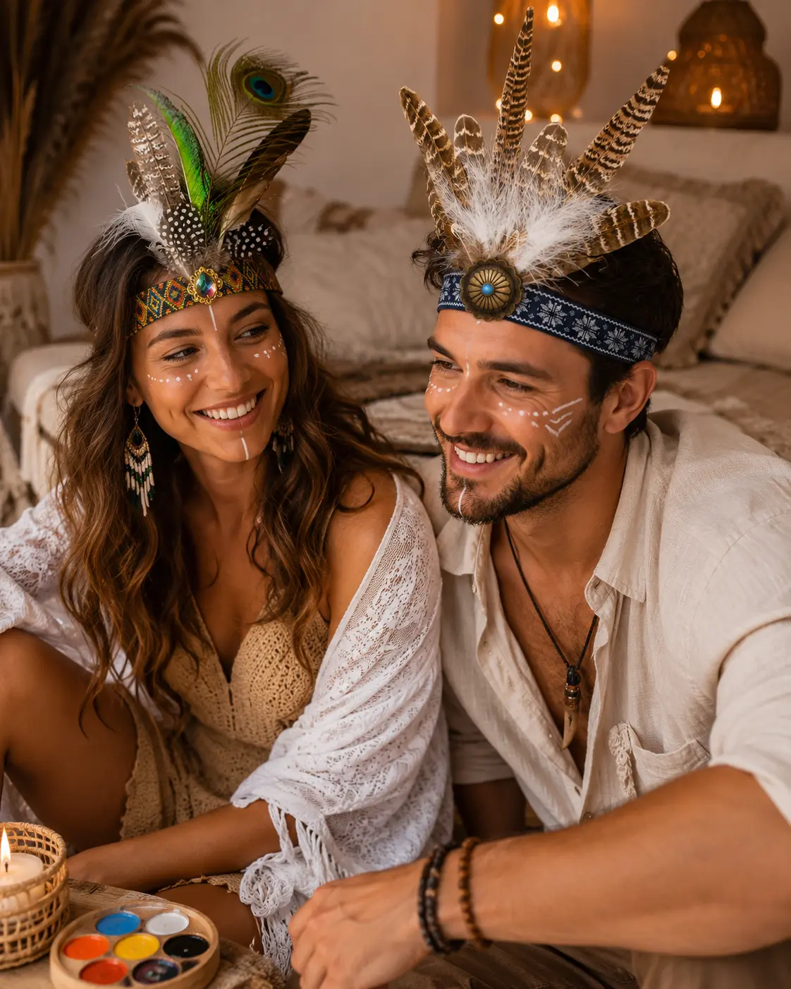 Two adults wearing Aveline feather headbands with natural feathers and decorative accents in a warm festival setting.