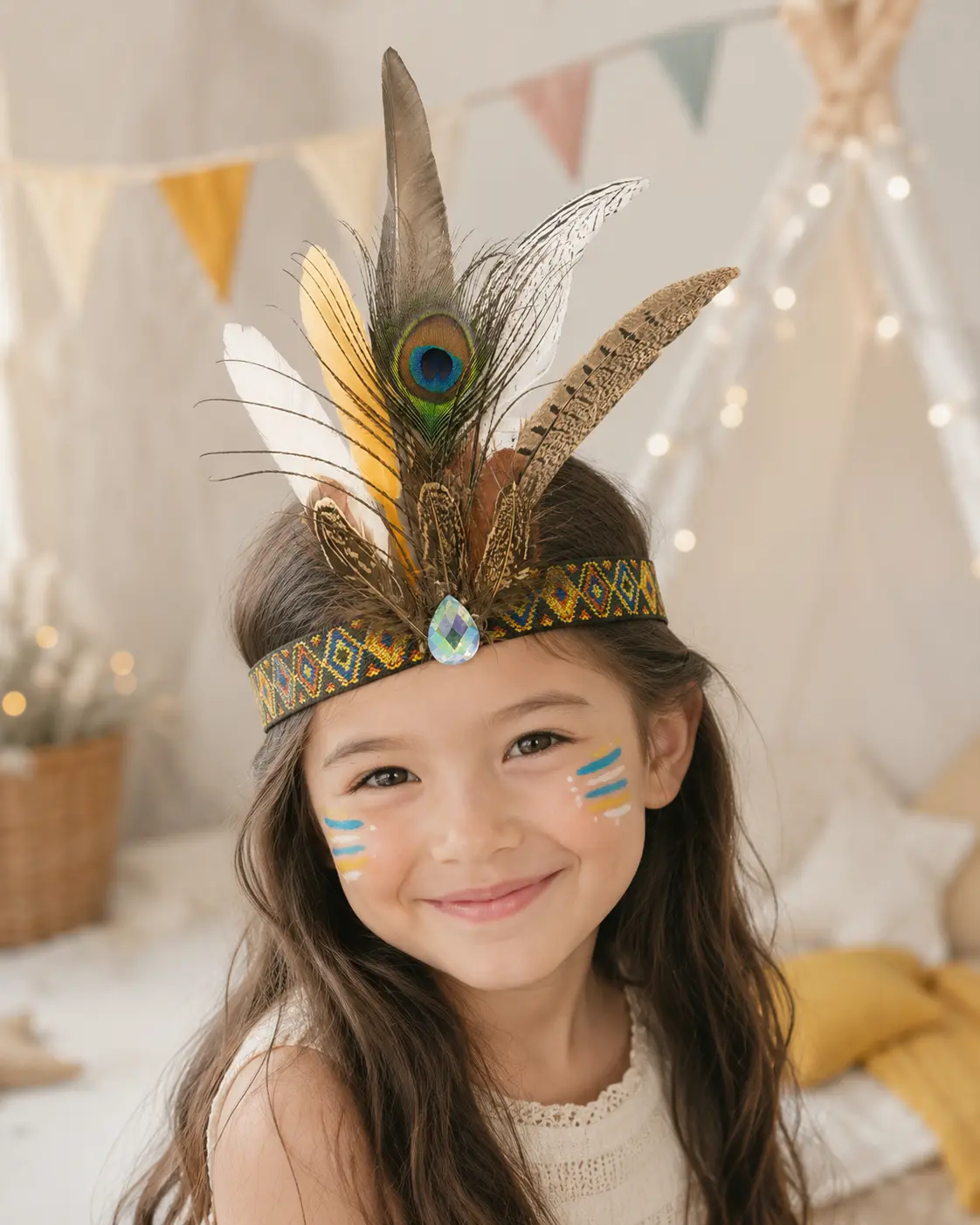 Smiling child wearing a colorful costume feather headband with peacock-inspired and patterned natural feathers.