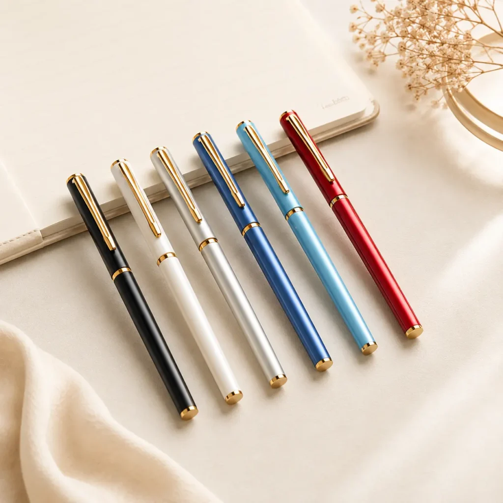 Lumi Writing Gel Pen available in black, white, silver, blue, light blue, and red finishes.
