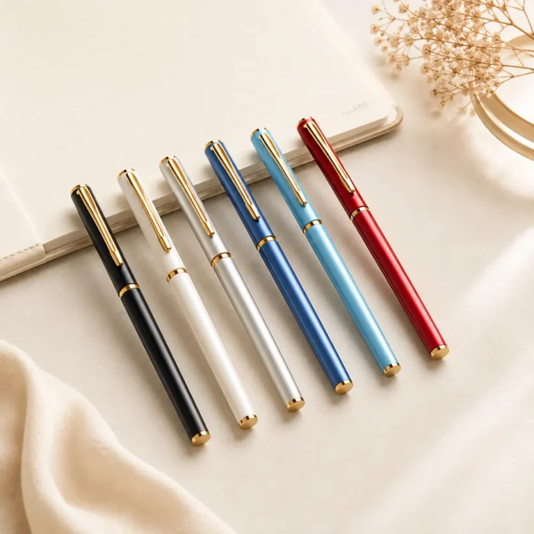 Lumi Writing Gel Pen available in black, white, silver, blue, light blue, and red finishes.