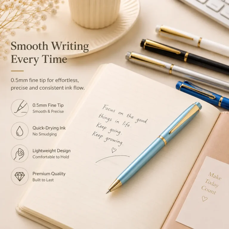 Lumi Writing Gel Pen with 0.5mm tip highlighting smooth writing, quick-drying ink, and lightweight design.