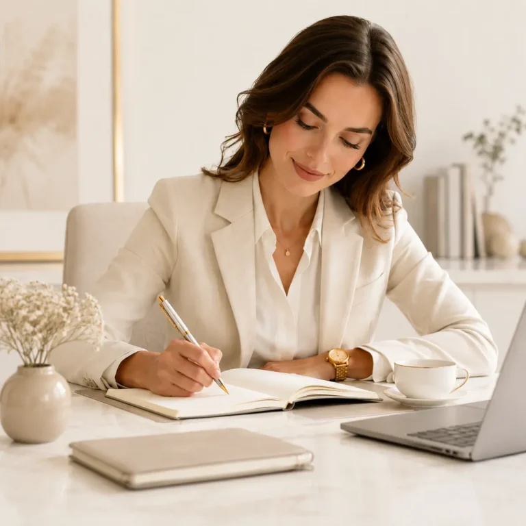 Woman using the Lumi Writing Gel Pen while journaling at a bright and elegant workspace.