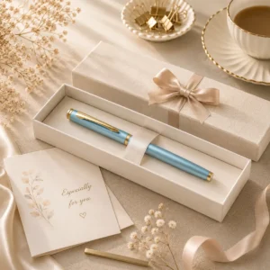 Lumi Writing Gel Pen presented in an elegant gift box with greeting card and ribbon.