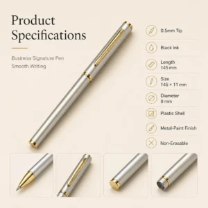 Lumi Writing Gel Pen product specifications showing 0.5mm tip, dimensions, and premium finish.