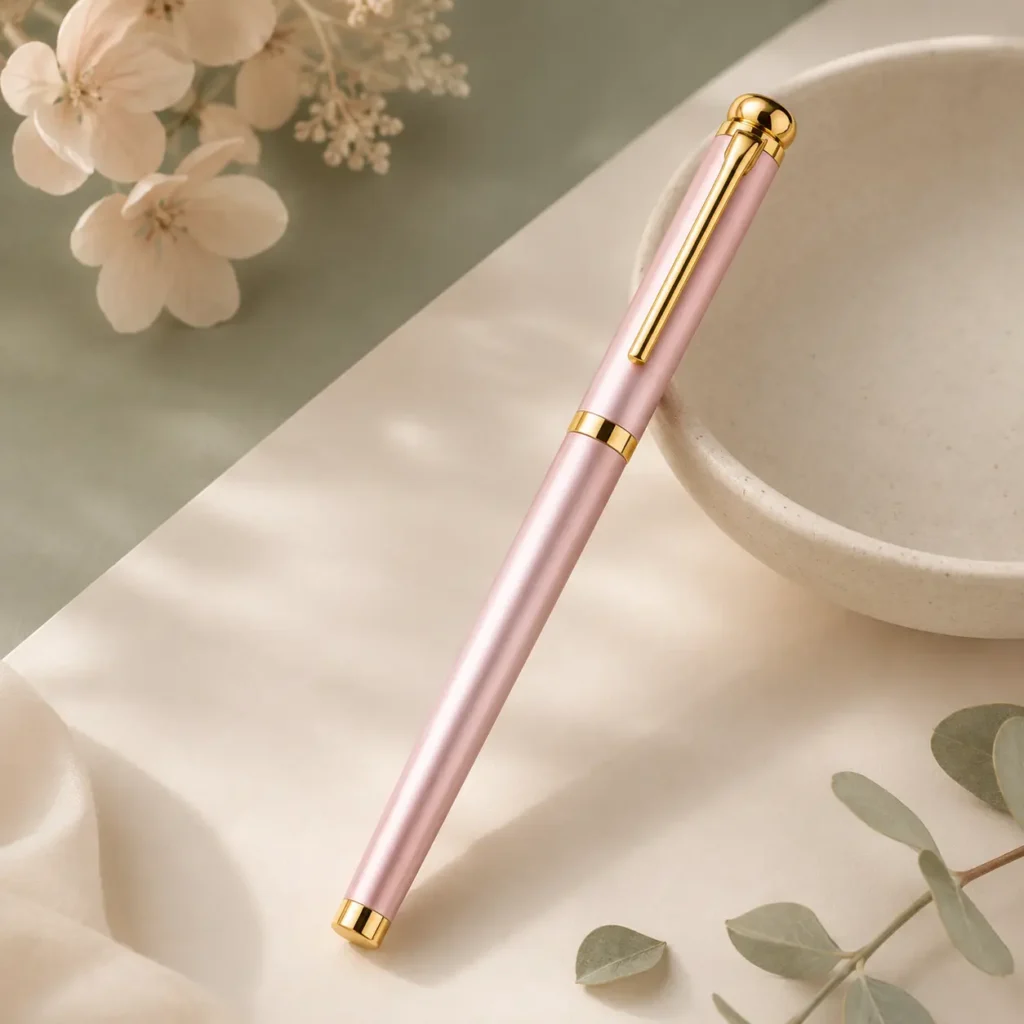 Soft pink Elys Writing Pen with gold-tone details styled beside flowers and a ceramic bowl.
