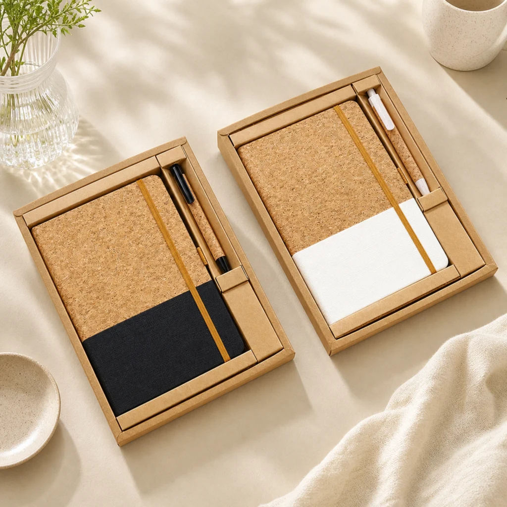 A5 notebook gift set with cork-style covers, matching pens, elastic closures, and kraft-style presentation boxes in black and white.
