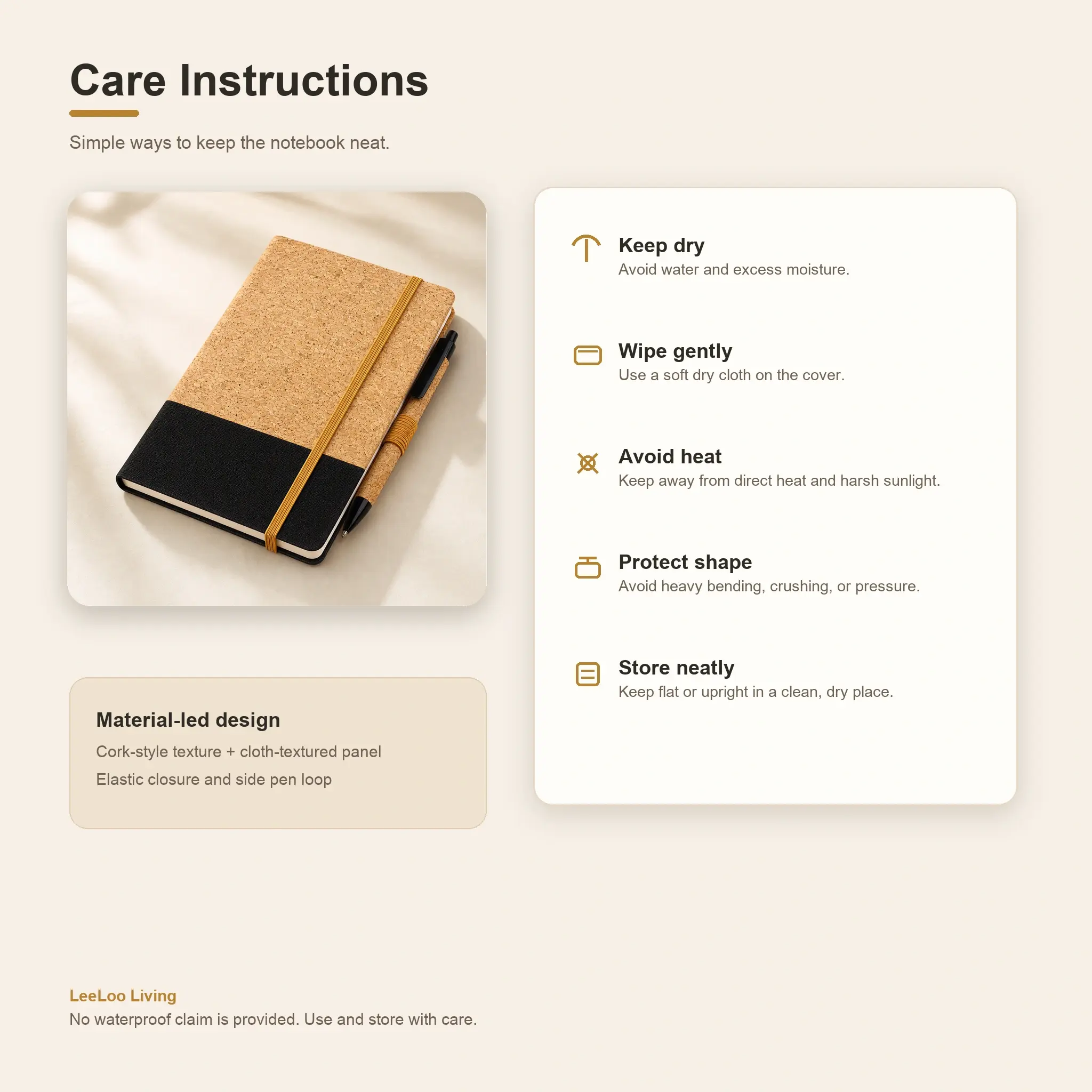 arden cork style notebook care instructions