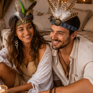 Adults wearing colorful Aveline feather headbands at a boho-style gathering.