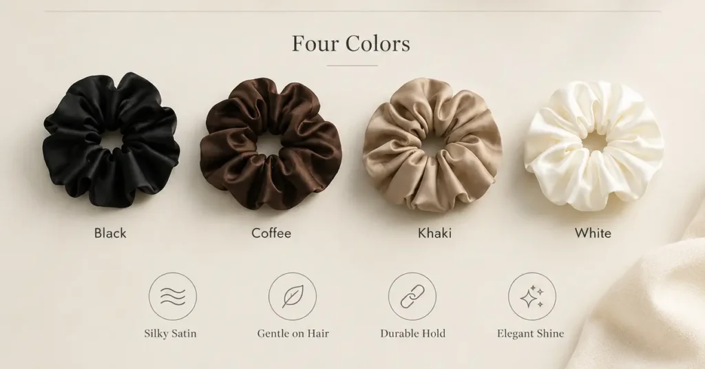 Élan satin scrunchie in black coffee khaki and white