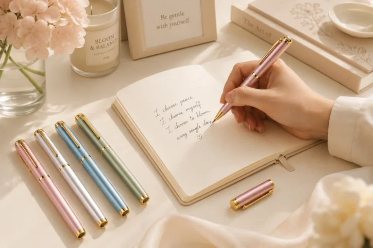 Elys Writing Pen in four pastel colors with gold-tone details beside an open journal.