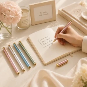 Elys Writing Pen in four pastel colors with gold-tone details beside an open journal.