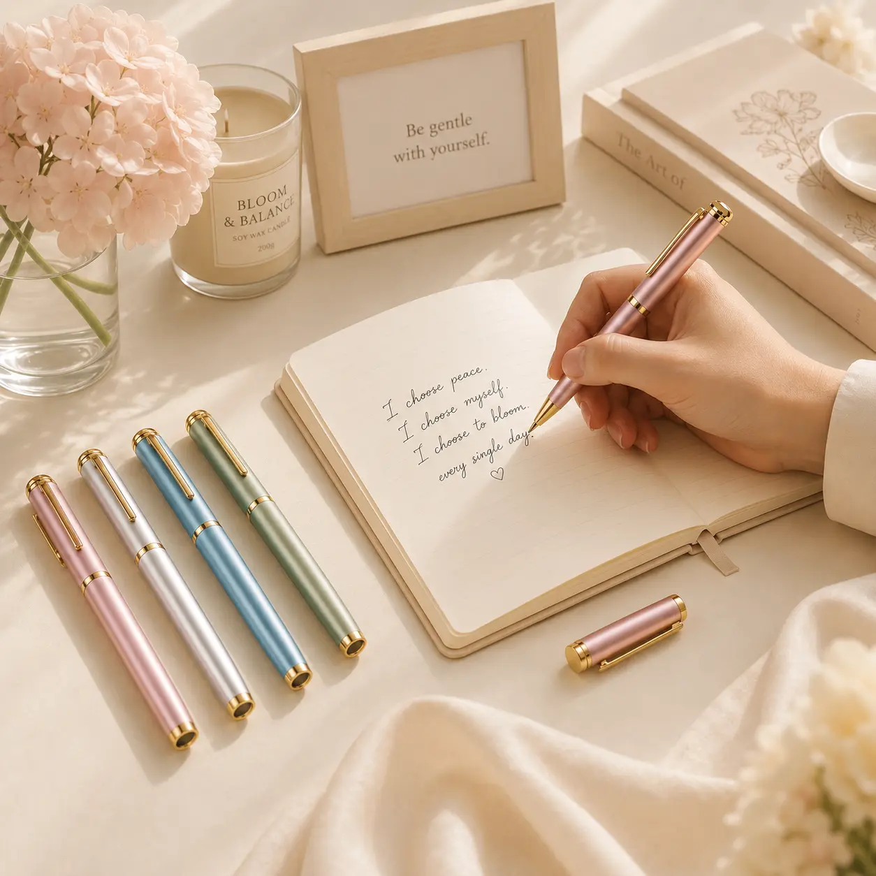 Elys Writing Pen in four pastel colors with gold-tone details beside an open journal.