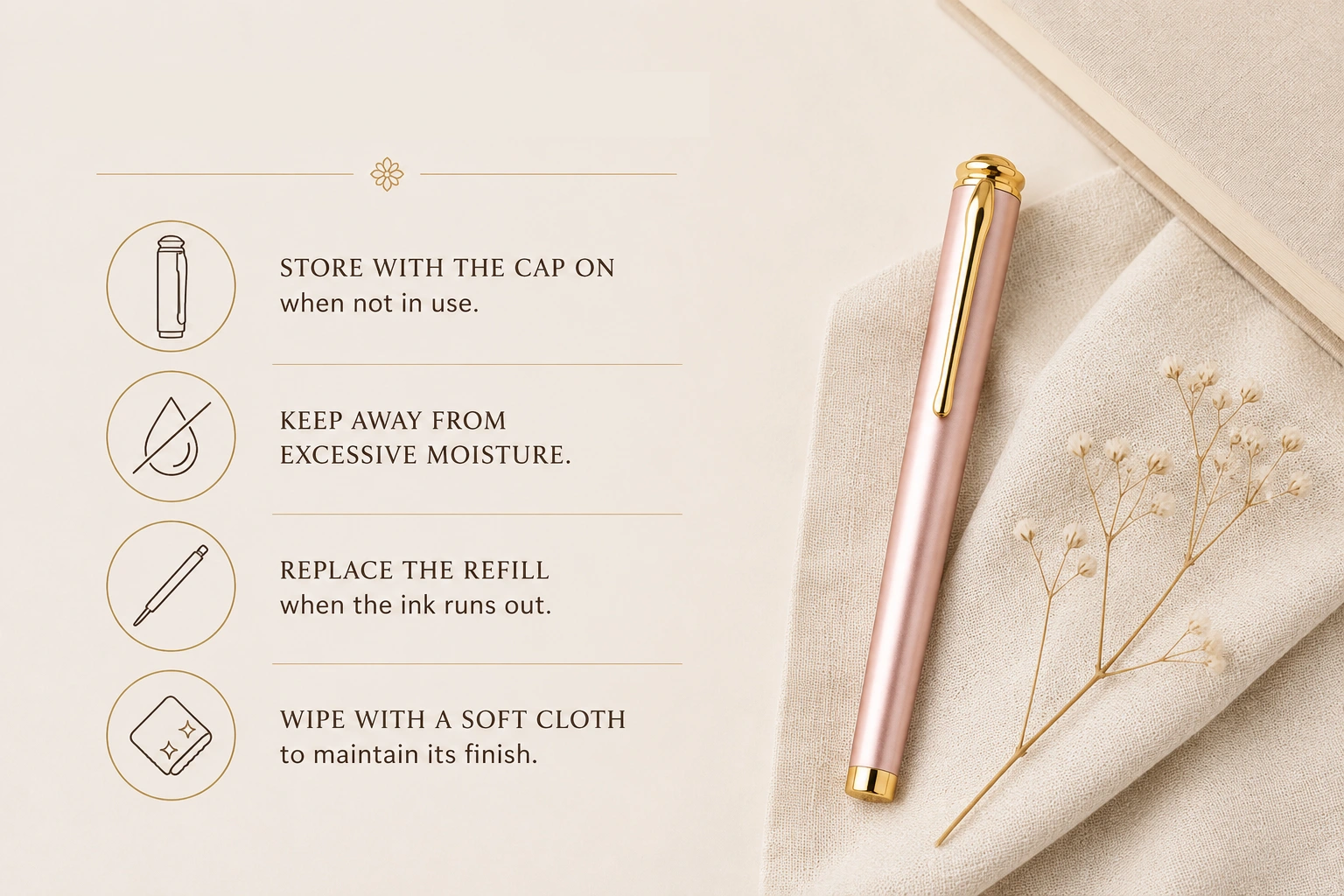 Elys Writing Pen care instructions showing how to store, clean, and replace the refill.