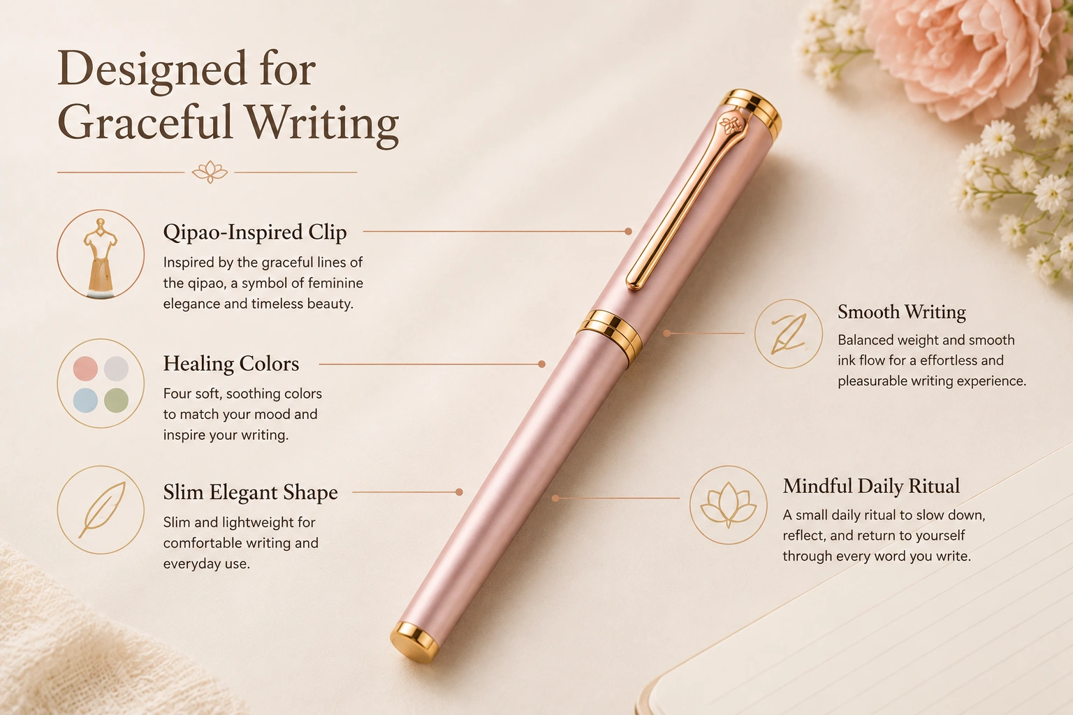 Elys Writing Pen in soft pink with feature callouts for the qipao-inspired clip, smooth writing, and slim shape.