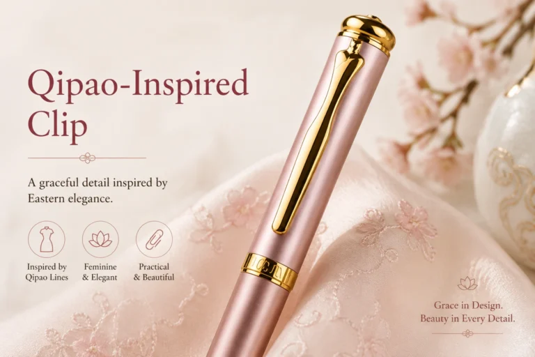 Close-up of the Elys Writing Pen qipao-inspired gold clip on a soft pink pen.