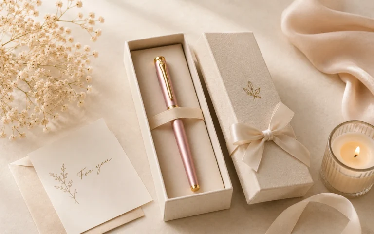 Soft pink Elys Writing Pen presented in a gift box with ribbon, card, candle, and flowers.
