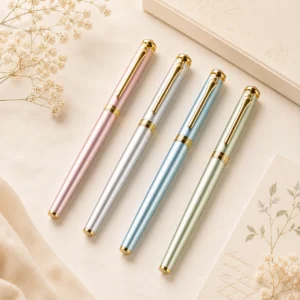 Elys Writing Pen in soft pink, pearl silver, light blue, and sage green with gold-tone details.