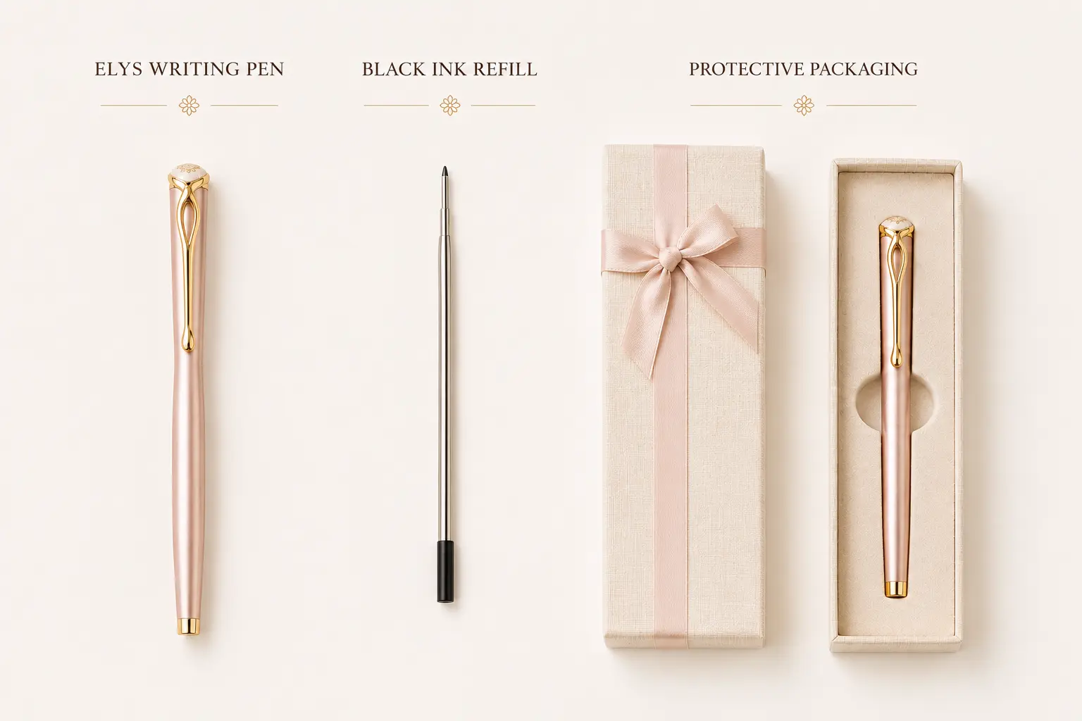 Elys Writing Pen inclusions with pen, black ink refill, and protective gift packaging.