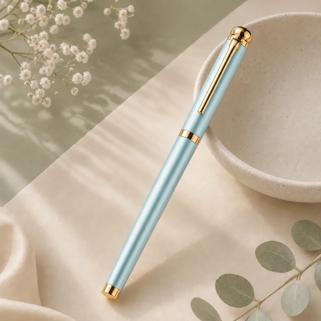 Light blue Elys Writing Pen with gold-tone details styled beside a ceramic bowl and eucalyptus.