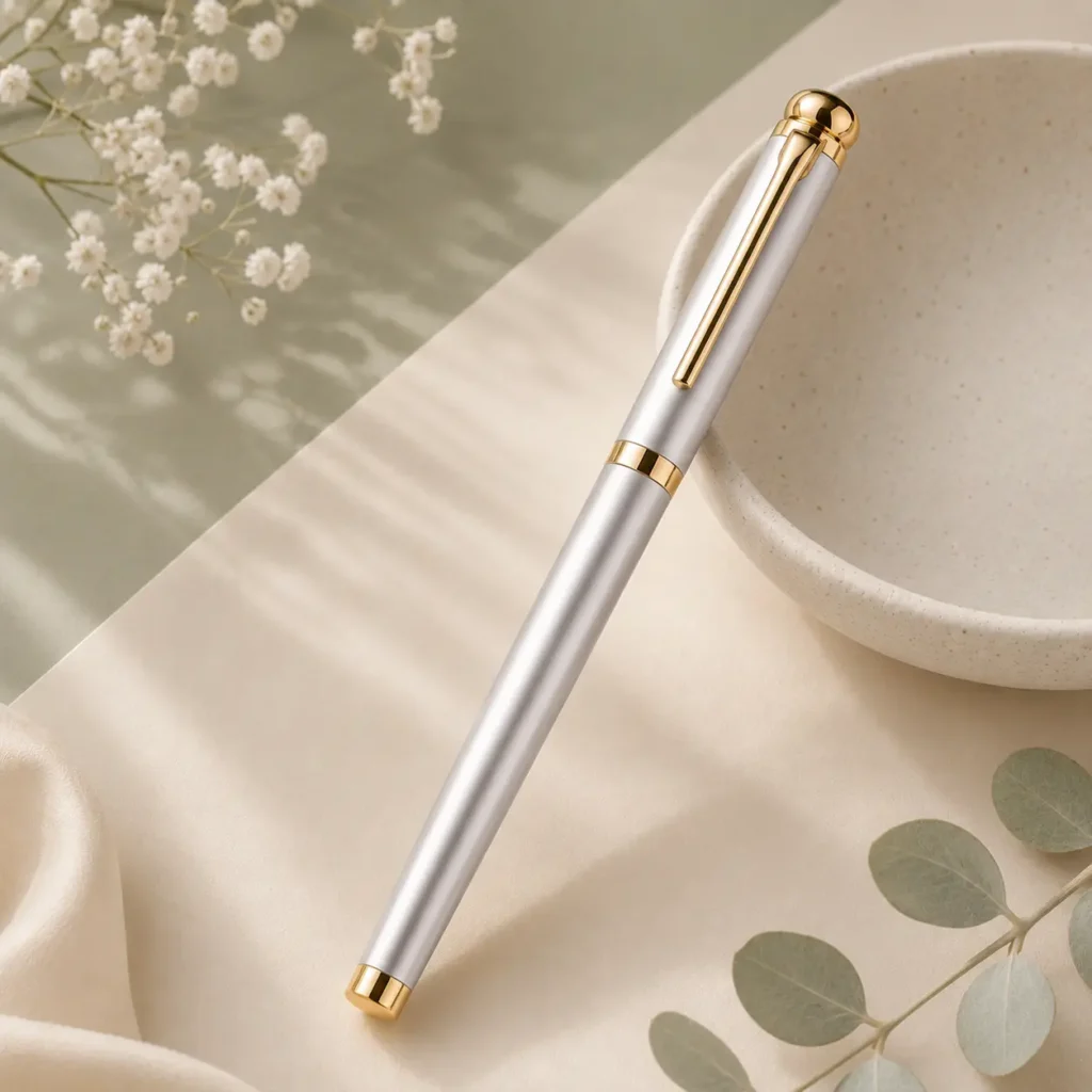 Pearl silver Elys Writing Pen with gold-tone details styled beside a ceramic bowl and eucalyptus.
