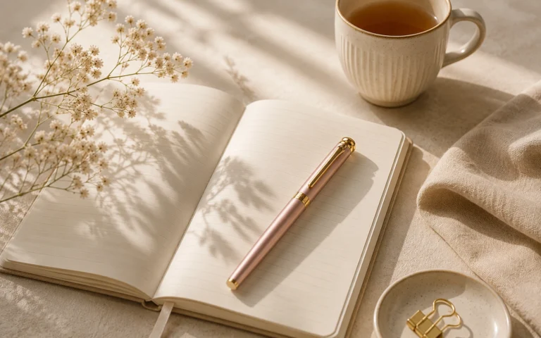 Soft pink Elys Writing Pen resting on an open journal beside tea and delicate flowers.