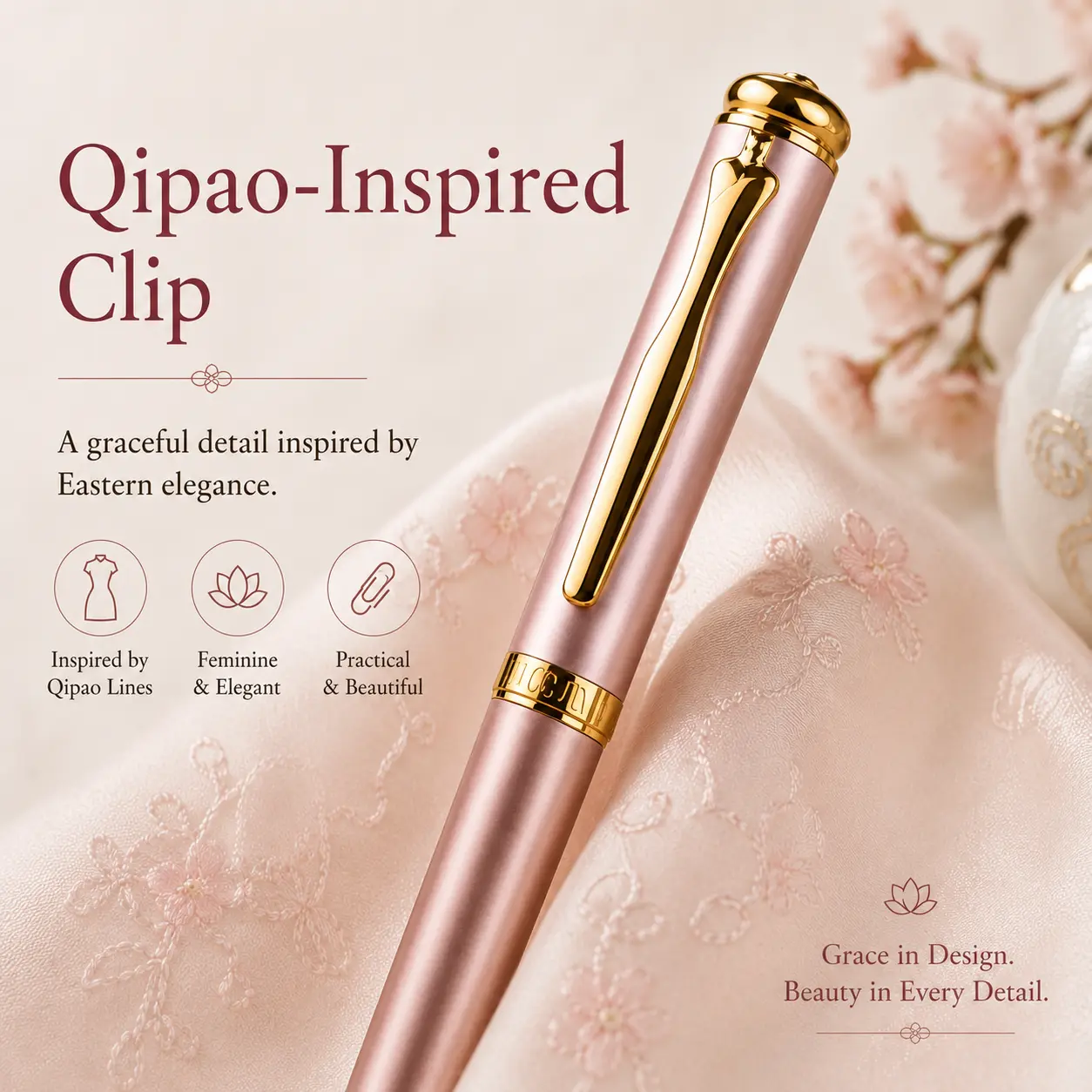 Close-up of the Elys Writing Pen qipao-inspired gold clip on a soft pink pen.