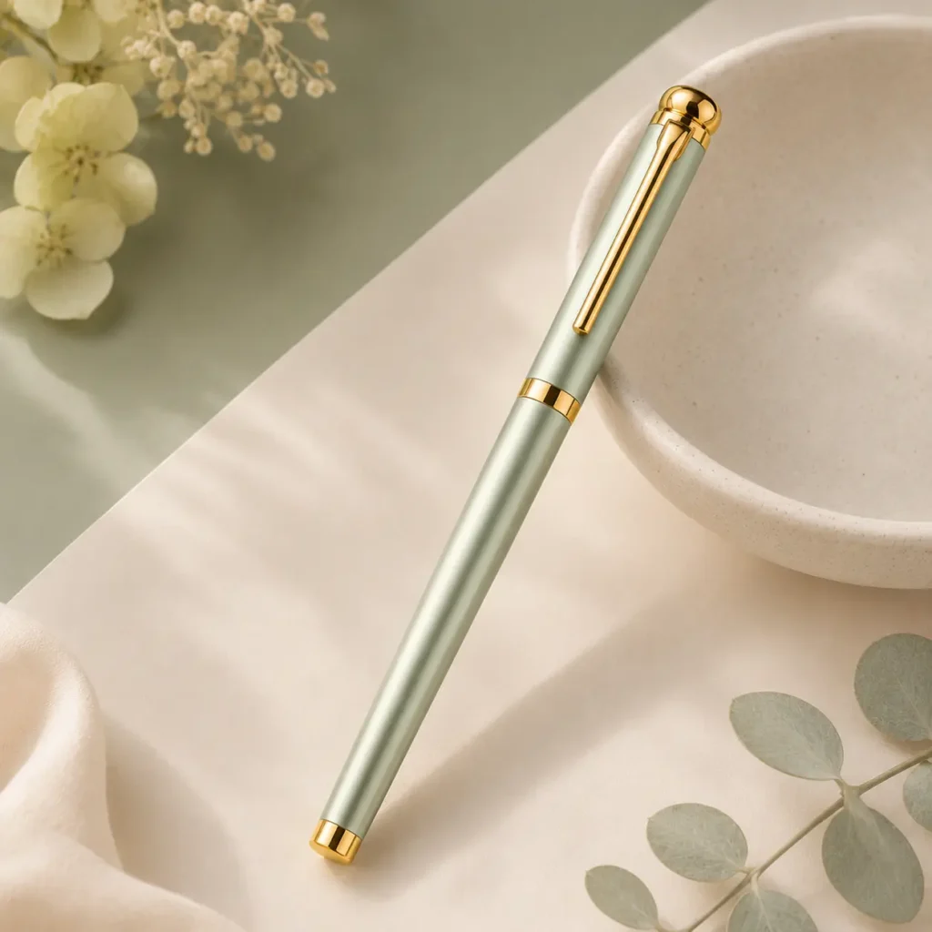 Sage green Elys Writing Pen with gold-tone details styled beside a ceramic bowl and soft greenery.
