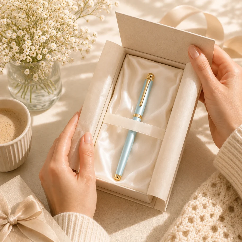 Light blue Elys Writing Pen displayed in an open gift box with flowers and coffee nearby.