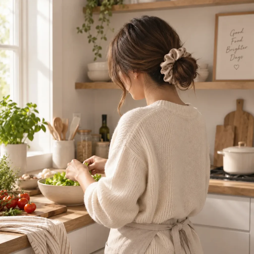 woman in the kitchen wearing a satin scrunchie