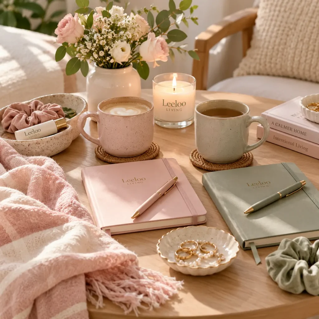 Cozy Leeloo Living tabletop with two mugs, blush and sage journals, pens, candle, flowers, scrunchies, and thoughtful everyday accessories.