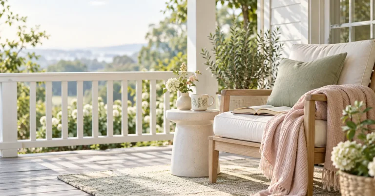 Cozy porch reading nook with a sage cushion, blush throw, book, and coffee, reflecting the art of slow living in a peaceful morning setting.