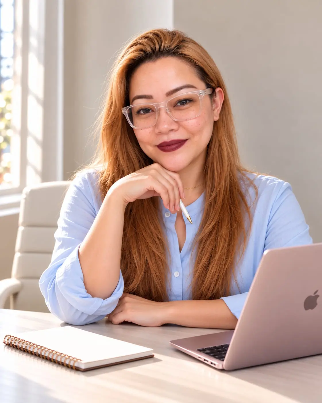 Jackie, co-founder of Leeloo Living, seated at a desk with a laptop and notebook in a bright workspace.