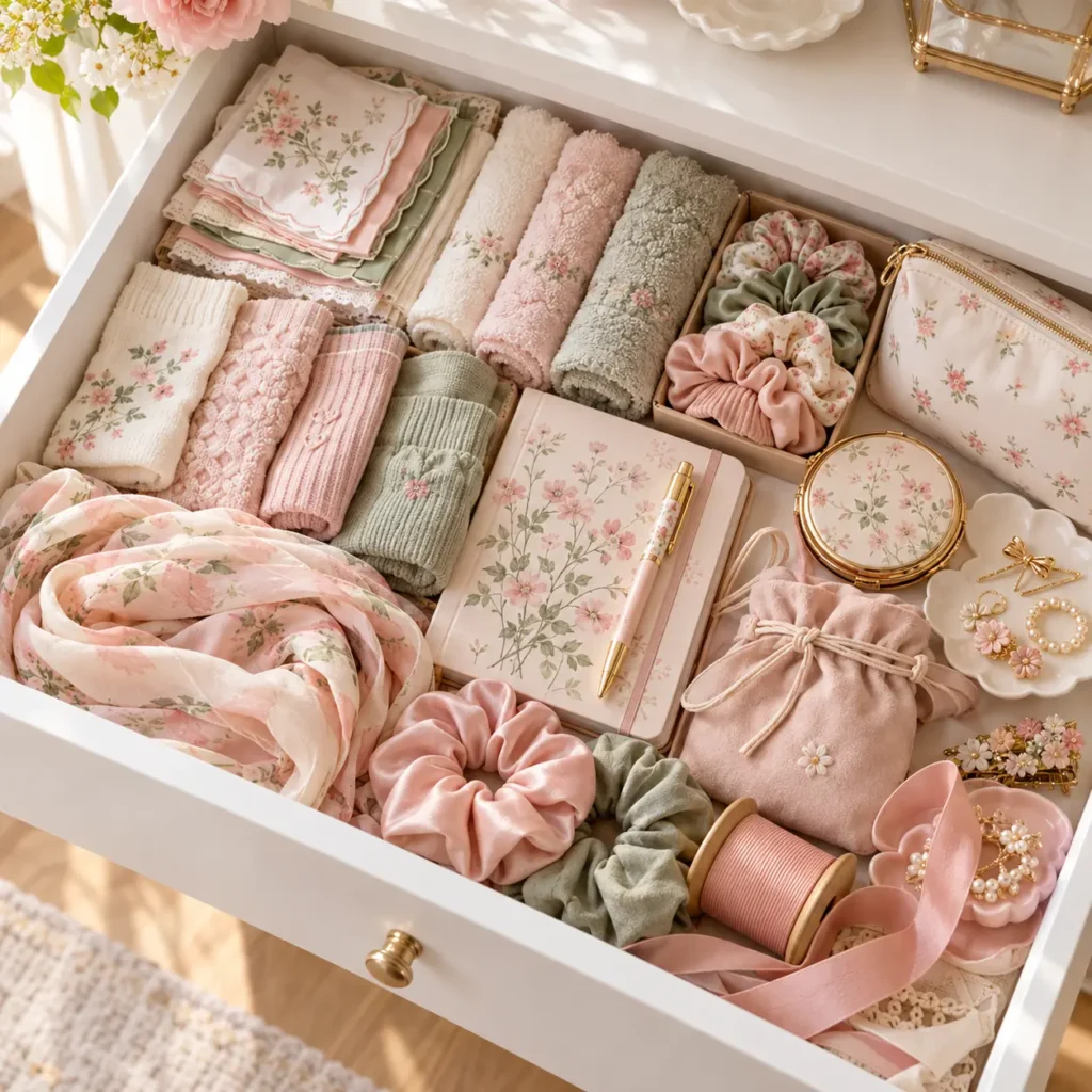 Pastel drawer filled with thoughtfully arranged Leeloo Living items, including towels, scarves, scrunchies, a journal, pen, pouch, and small accessories.