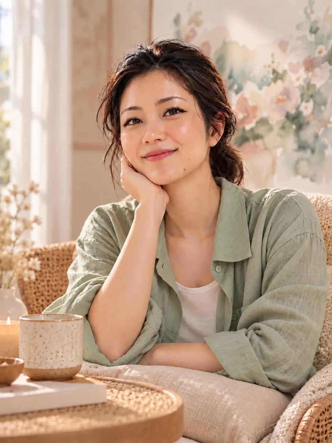 Pearl, co-founder of Leeloo Living, seated in a calm, cozy setting wearing a sage green top.